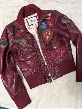 Miss Top Gun | Vintage Wine Leather Bomber Jacket with Patch Details | M